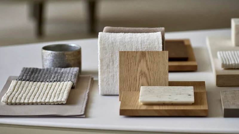 Stoff-, Holz-, Stein- und Keramikmuster auf einem Tisch im Seitenlicht
