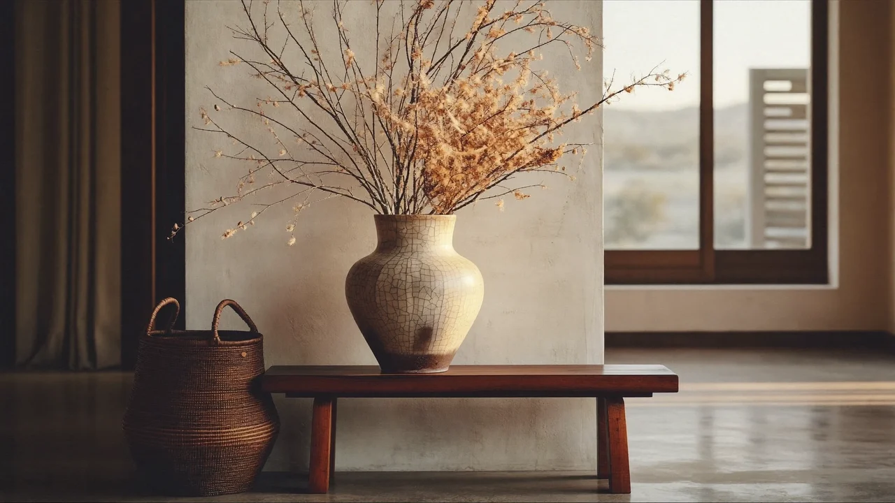 Eingangsbereich mit Holzbank, Putzwand und Keramikvase in weichem Licht